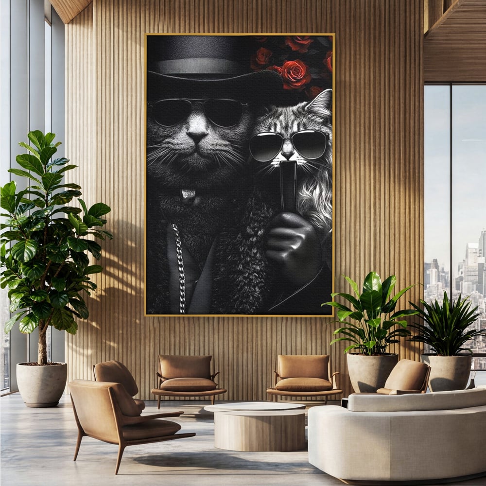 Tablou canvas cu tablou canvas cu pisici gangster in ochelari, in rama de aluminiu auriu, pe perete intr-un birou